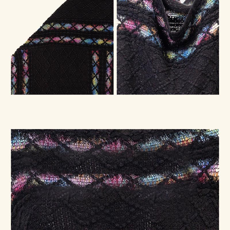 Châle à pompons à rayures colorées et motifs losanges tibétains en Buddha Stones , pull d'hiver confortable pour voyage