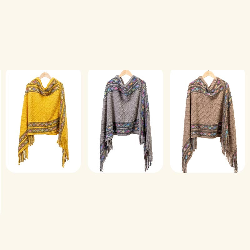 Châle à pompons à rayures colorées et motifs losanges tibétains en Buddha Stones , pull d'hiver confortable pour voyage