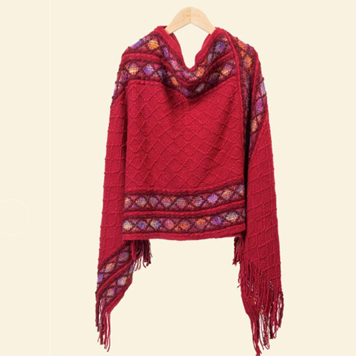 Châle à pompons à rayures colorées et motifs losanges tibétains en Buddha Stones , pull d'hiver confortable pour voyage