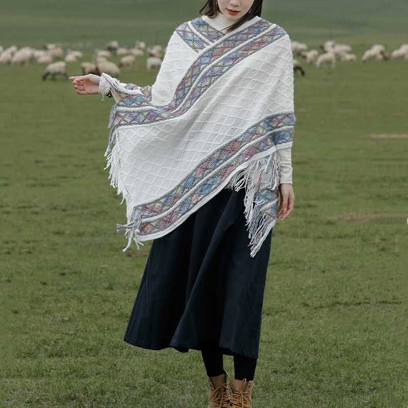 Châle à pompons à rayures colorées et motifs losanges tibétains en Buddha Stones , pull d'hiver confortable pour voyage