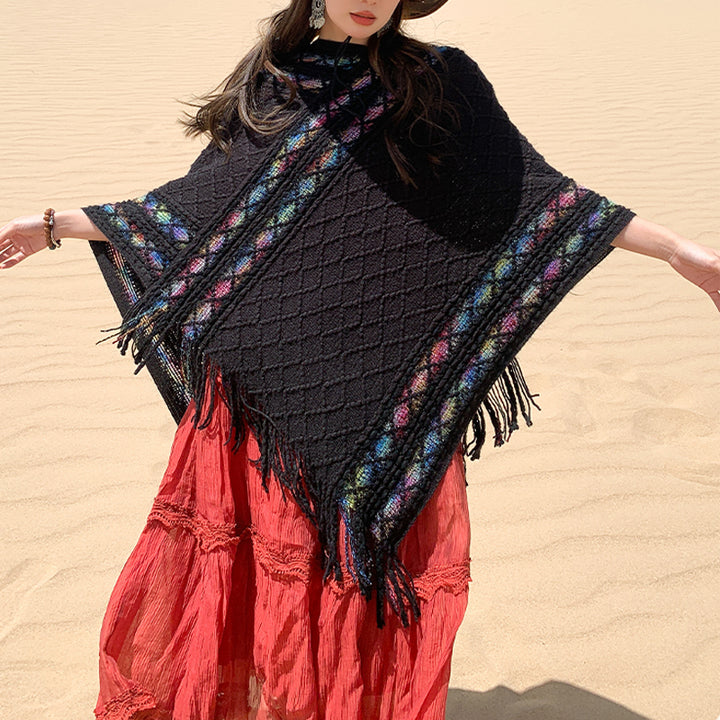 Châle à pompons à rayures colorées et motifs losanges tibétains en Buddha Stones , pull d'hiver confortable pour voyage