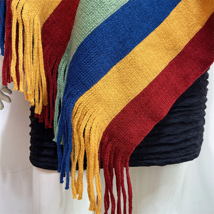 Châle à rayures colorées tibétaines avec Buddha Stones , pull à pompons, écharpe de voyage confortable pour l'hiver