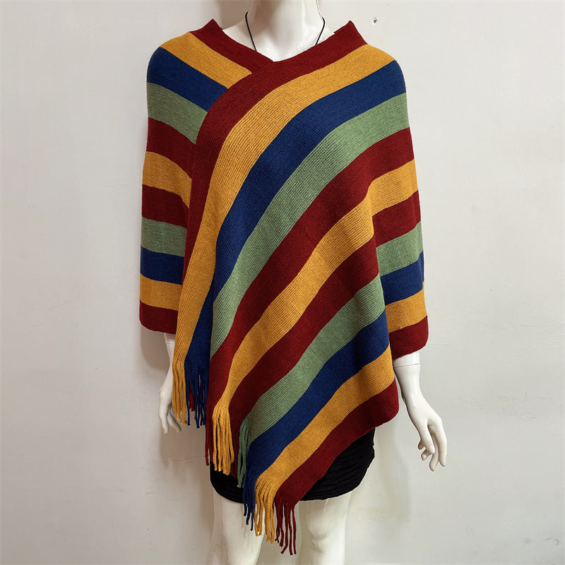 Châle à rayures colorées tibétaines avec Buddha Stones , pull à pompons, écharpe de voyage confortable pour l'hiver