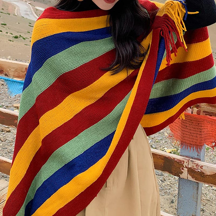 Châle à rayures colorées tibétaines avec Buddha Stones , pull à pompons, écharpe de voyage confortable pour l'hiver