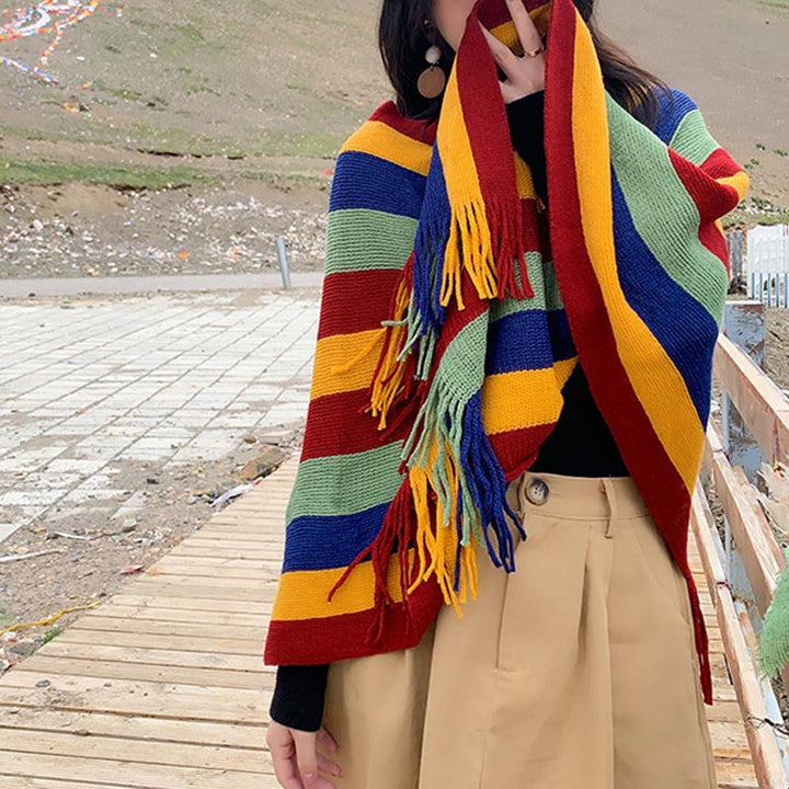 Châle à rayures colorées tibétaines avec Buddha Stones , pull à pompons, écharpe de voyage confortable pour l'hiver