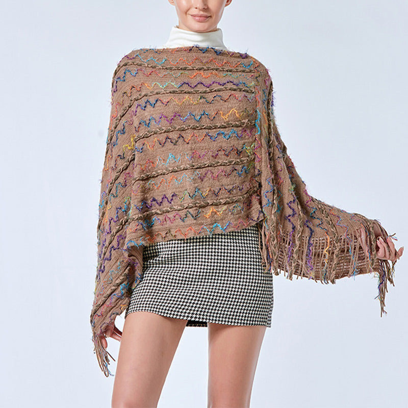 Châle rayé coloré tibétain avec Buddha Stones et pompons, pull d'hiver confortable pour voyage