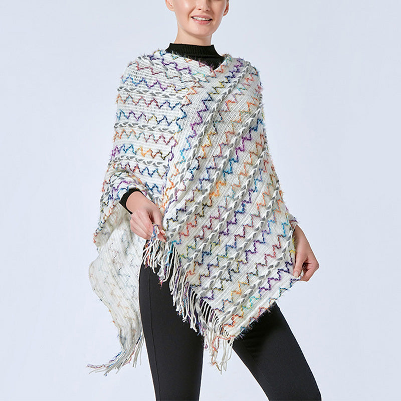 Châle rayé coloré tibétain avec Buddha Stones et pompons, pull d'hiver confortable pour voyage