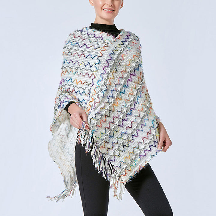 Châle rayé coloré tibétain avec Buddha Stones et pompons, pull d'hiver confortable pour voyage