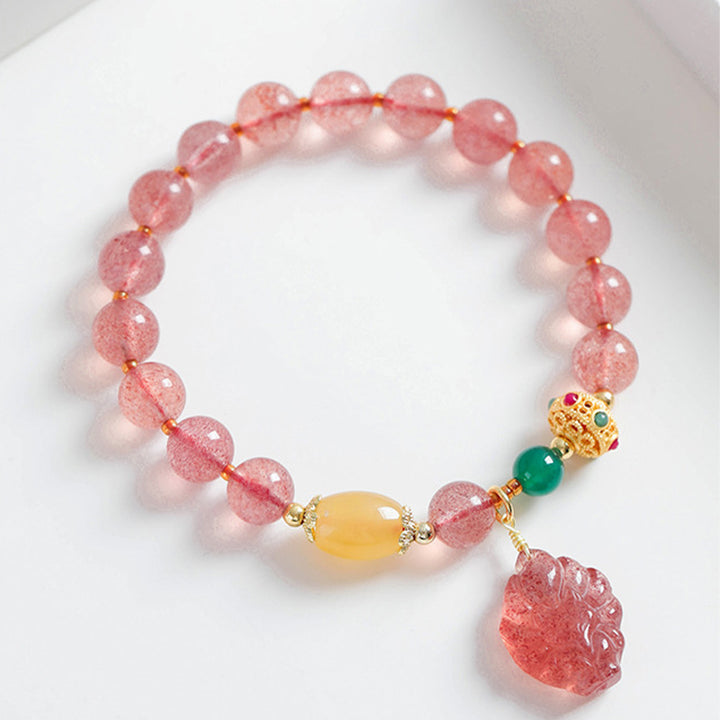 Bracelet de guérison en quartz fraise naturel Buddha Stones, renard à neuf queues