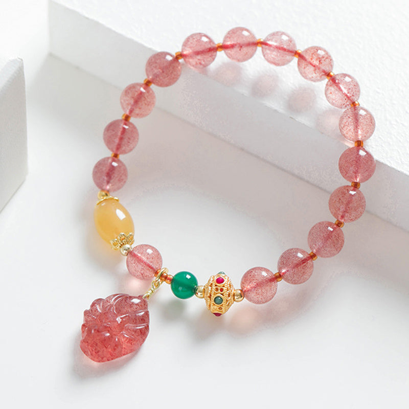 Bracelet de guérison en quartz fraise naturel Buddha Stones, renard à neuf queues