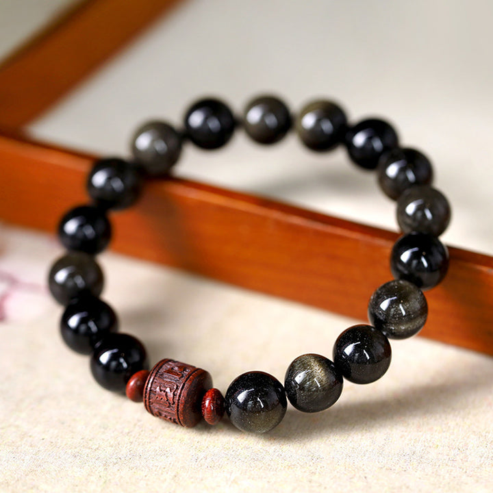 Bracelet de guérison en obsidienne arc-en-ciel avec Buddha Stones et reflets dorés naturels Om Mani Padme Hum Fu