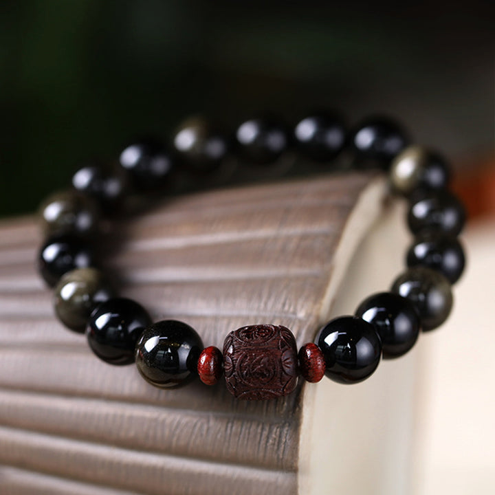Bracelet de guérison en obsidienne arc-en-ciel avec Buddha Stones et reflets dorés naturels Om Mani Padme Hum Fu