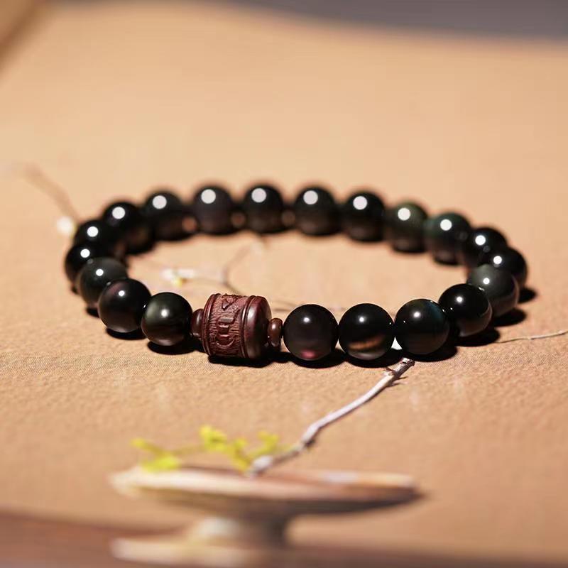 Bracelet de guérison en obsidienne arc-en-ciel avec Buddha Stones et reflets dorés naturels Om Mani Padme Hum Fu