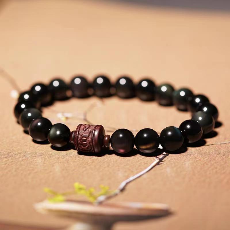 Bracelet de guérison en obsidienne arc-en-ciel avec Buddha Stones et reflets dorés naturels Om Mani Padme Hum Fu