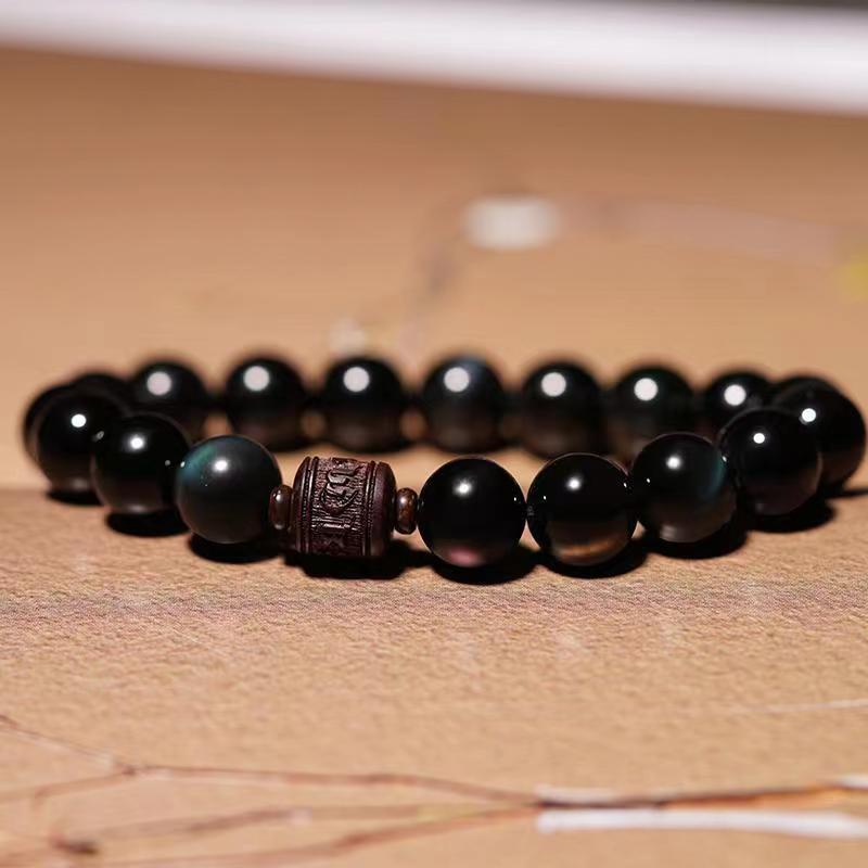 Bracelet de guérison en obsidienne arc-en-ciel avec Buddha Stones et reflets dorés naturels Om Mani Padme Hum Fu
