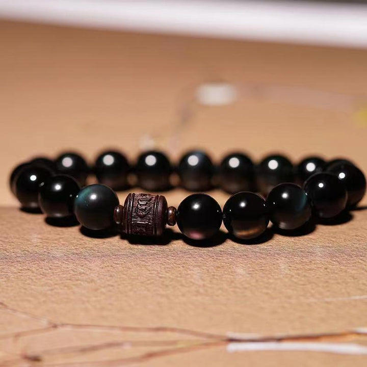 Bracelet de guérison en obsidienne arc-en-ciel avec Buddha Stones et reflets dorés naturels Om Mani Padme Hum Fu