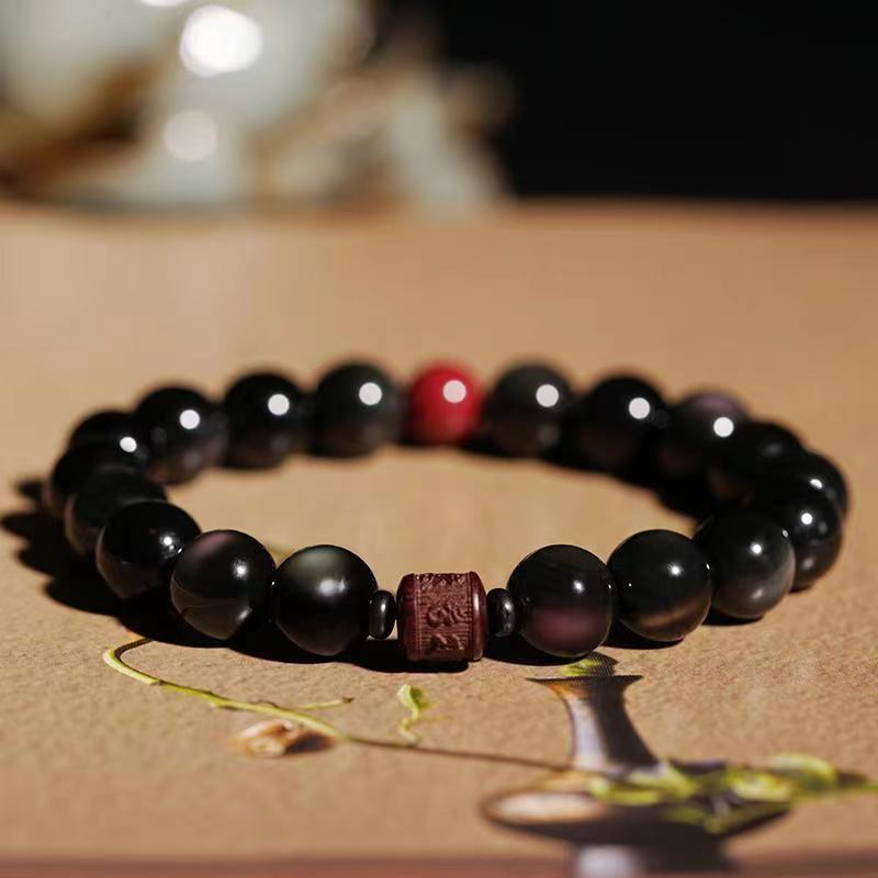 Bracelet de guérison en obsidienne arc-en-ciel avec Buddha Stones et reflets dorés naturels Om Mani Padme Hum Fu