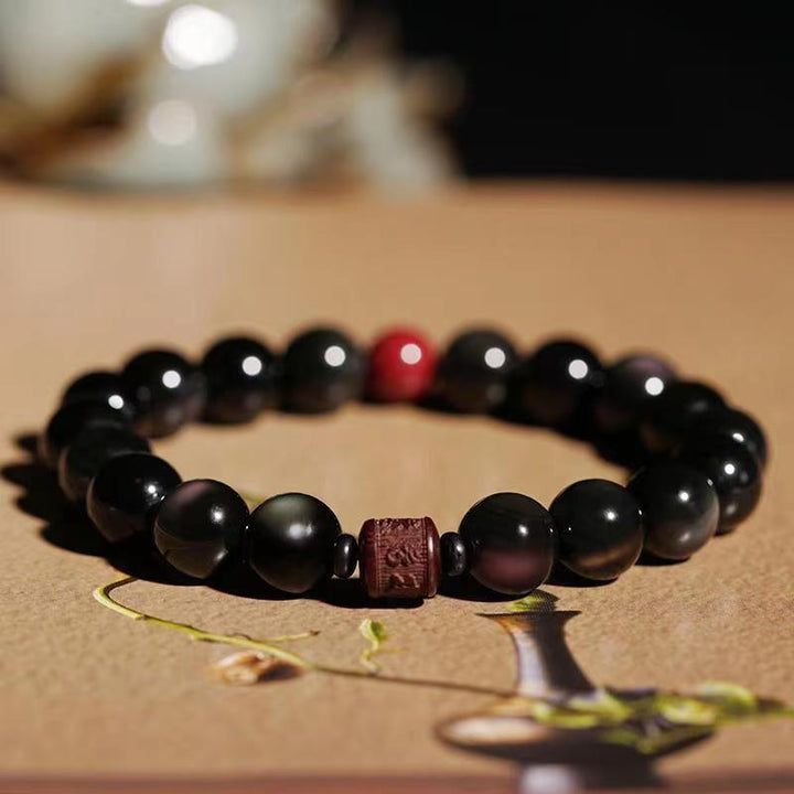 Bracelet de guérison en obsidienne arc-en-ciel avec Buddha Stones et reflets dorés naturels Om Mani Padme Hum Fu