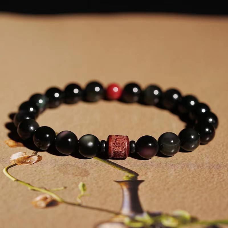Bracelet de guérison en obsidienne arc-en-ciel avec Buddha Stones et reflets dorés naturels Om Mani Padme Hum Fu