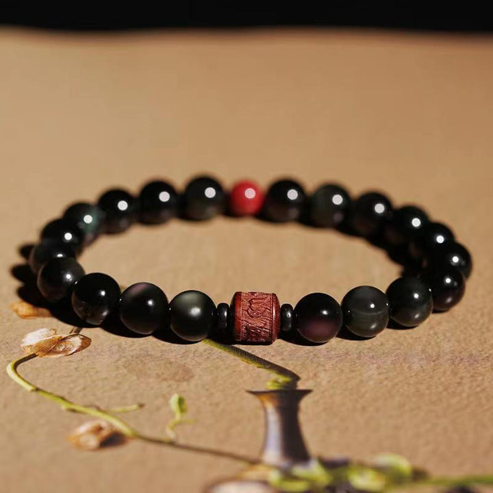 Bracelet de guérison en obsidienne arc-en-ciel avec Buddha Stones et reflets dorés naturels Om Mani Padme Hum Fu
