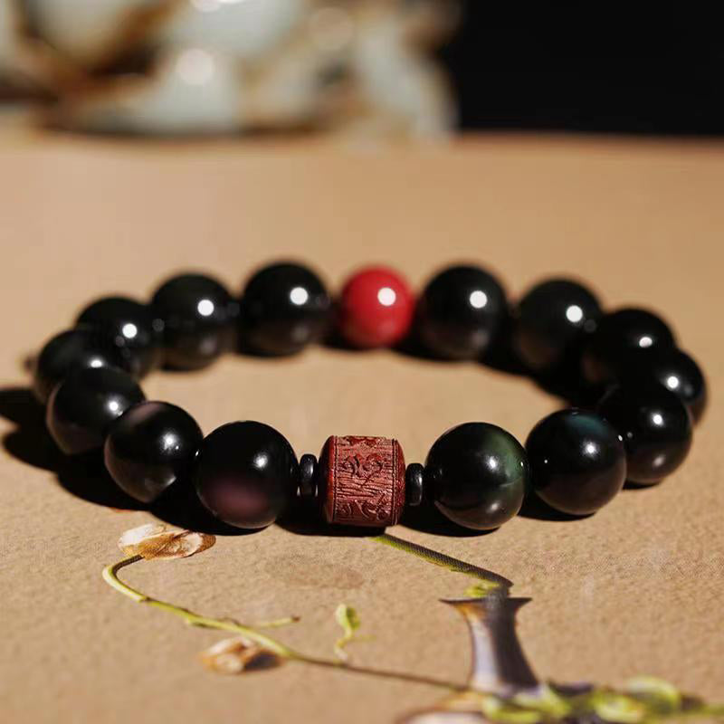 Bracelet de guérison en obsidienne arc-en-ciel avec Buddha Stones et reflets dorés naturels Om Mani Padme Hum Fu