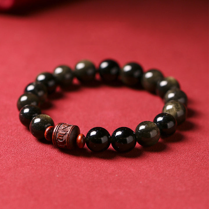 Bracelet de guérison en obsidienne arc-en-ciel avec Buddha Stones et reflets dorés naturels Om Mani Padme Hum Fu