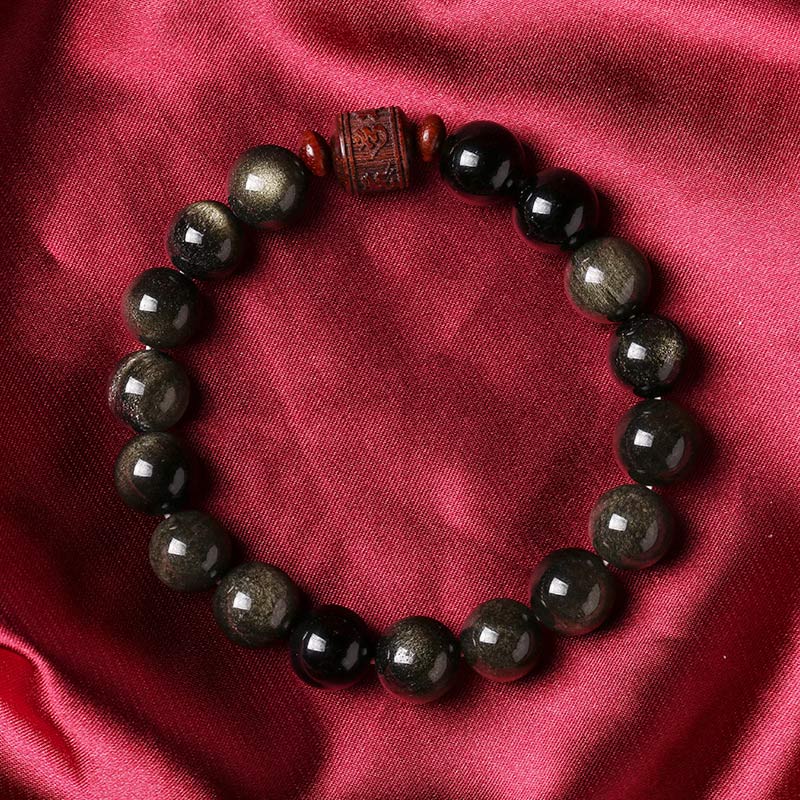 Bracelet de guérison en obsidienne arc-en-ciel avec Buddha Stones et reflets dorés naturels Om Mani Padme Hum Fu