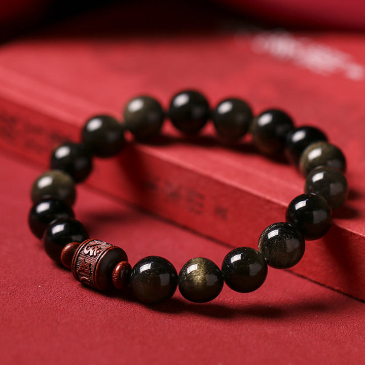 Bracelet de guérison en obsidienne arc-en-ciel avec Buddha Stones et reflets dorés naturels Om Mani Padme Hum Fu