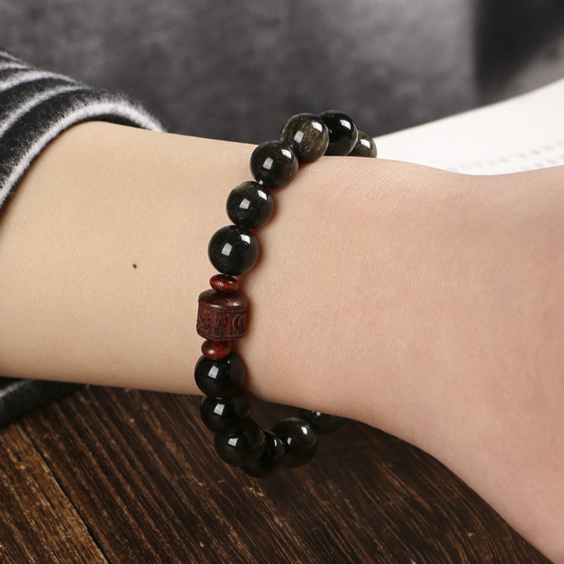 Bracelet de guérison en obsidienne arc-en-ciel avec Buddha Stones et reflets dorés naturels Om Mani Padme Hum Fu