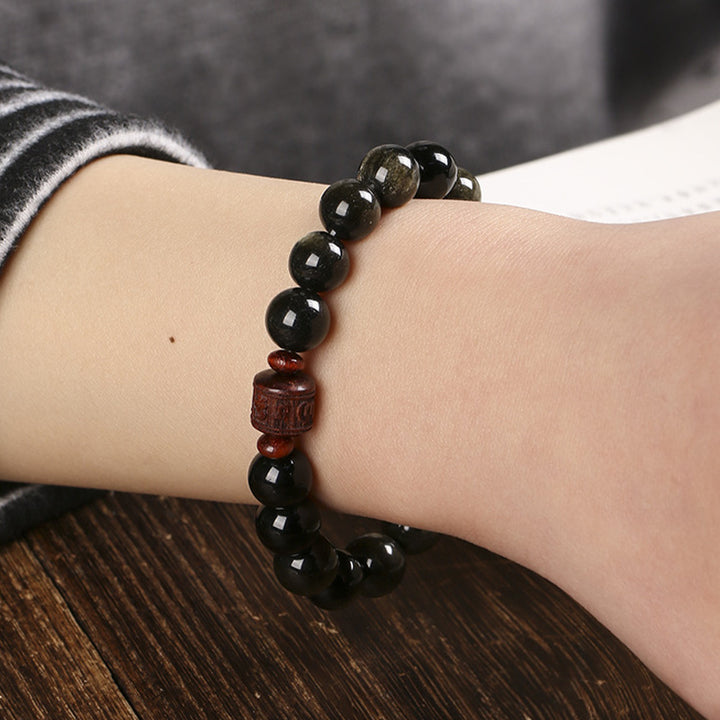 Bracelet de guérison en obsidienne arc-en-ciel avec Buddha Stones et reflets dorés naturels Om Mani Padme Hum Fu