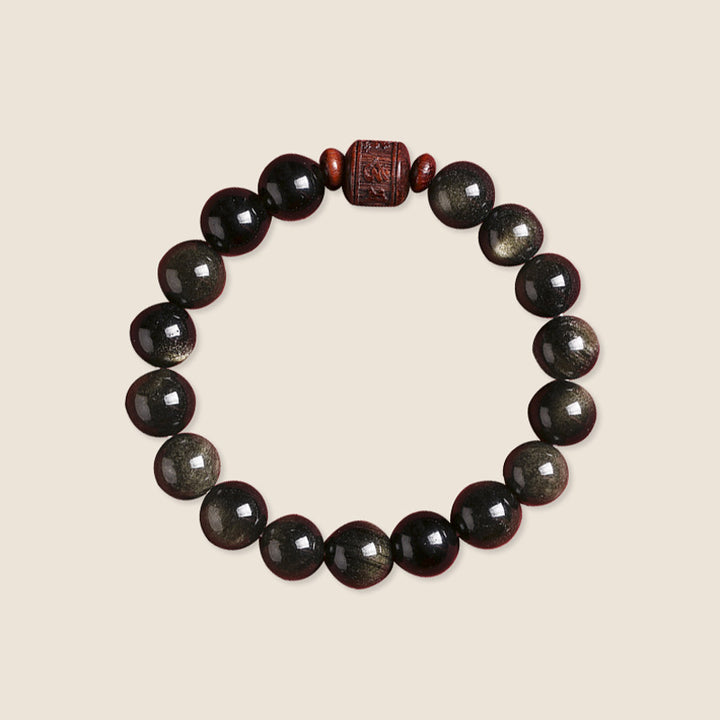 Bracelet de guérison en obsidienne arc-en-ciel avec Buddha Stones et reflets dorés naturels Om Mani Padme Hum Fu