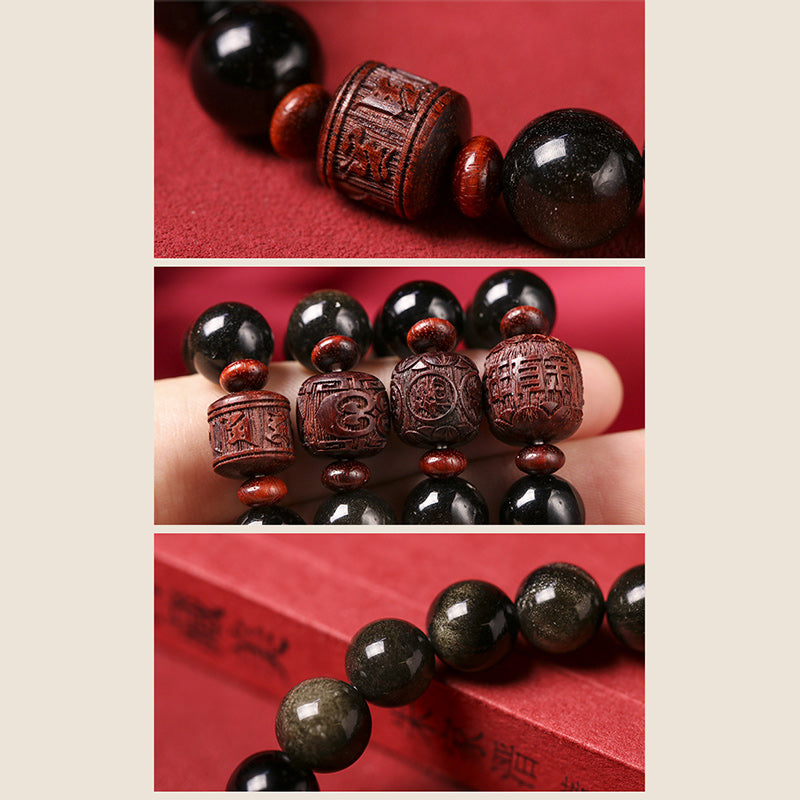 Bracelet de guérison en obsidienne arc-en-ciel avec Buddha Stones et reflets dorés naturels Om Mani Padme Hum Fu