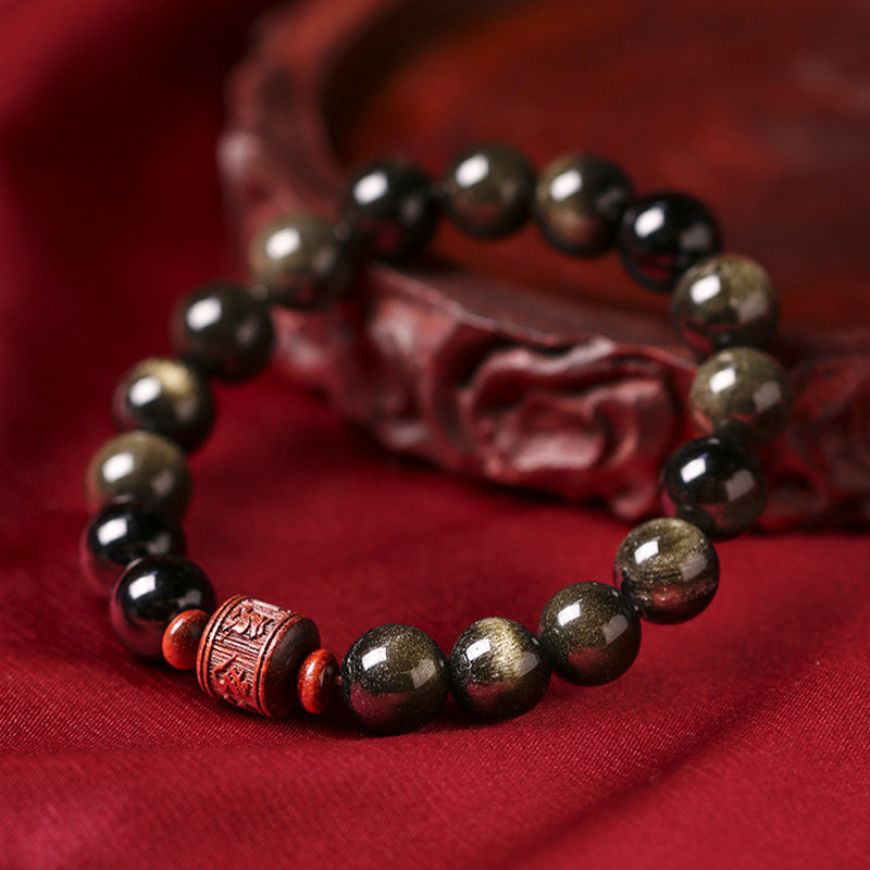 Bracelet de guérison en obsidienne arc-en-ciel avec Buddha Stones et reflets dorés naturels Om Mani Padme Hum Fu