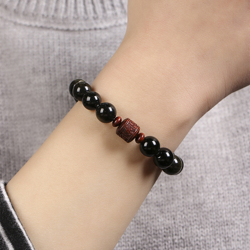 Bracelet de guérison en obsidienne arc-en-ciel avec Buddha Stones et reflets dorés naturels Om Mani Padme Hum Fu