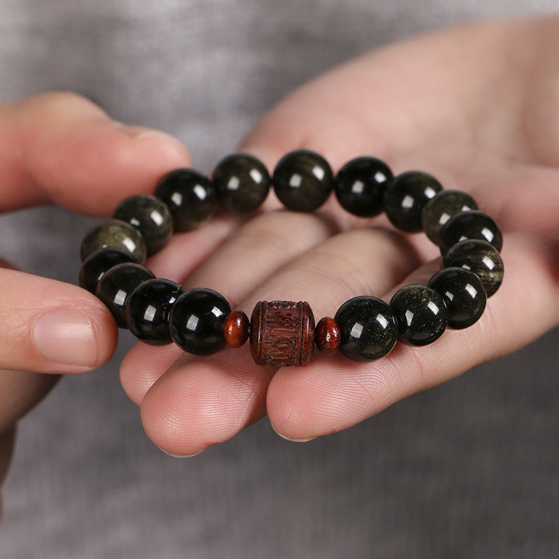 Bracelet de guérison en obsidienne arc-en-ciel avec Buddha Stones et reflets dorés naturels Om Mani Padme Hum Fu