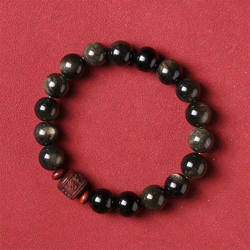 Bracelet de guérison en obsidienne arc-en-ciel avec Buddha Stones et reflets dorés naturels Om Mani Padme Hum Fu