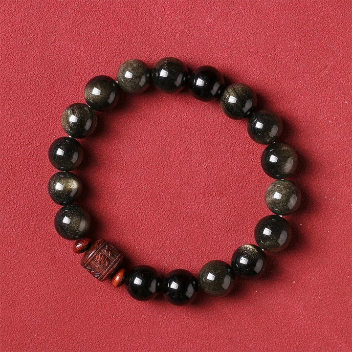 Bracelet de guérison en obsidienne arc-en-ciel avec Buddha Stones et reflets dorés naturels Om Mani Padme Hum Fu