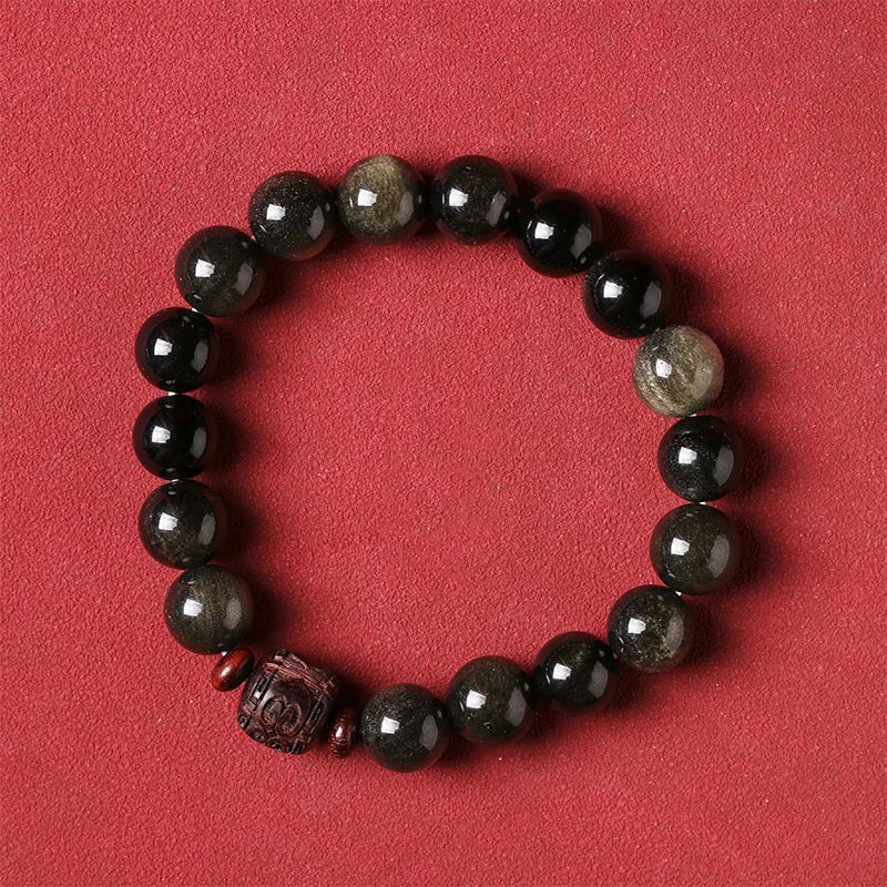 Bracelet de guérison en obsidienne arc-en-ciel avec Buddha Stones et reflets dorés naturels Om Mani Padme Hum Fu