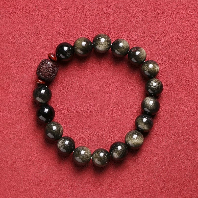 Bracelet de guérison en obsidienne arc-en-ciel avec Buddha Stones et reflets dorés naturels Om Mani Padme Hum Fu