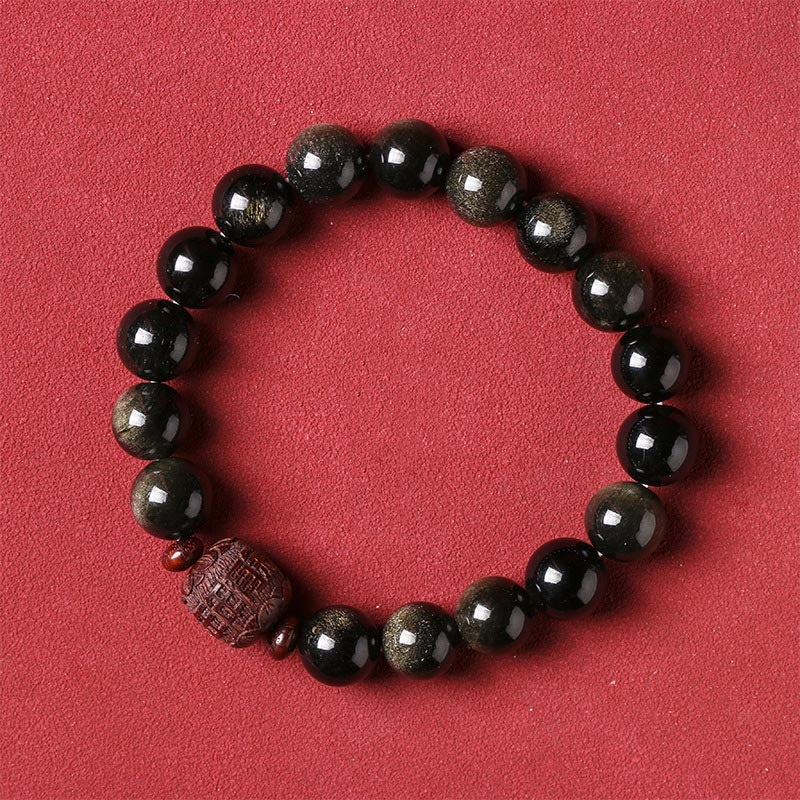 Bracelet de guérison en obsidienne arc-en-ciel avec Buddha Stones et reflets dorés naturels Om Mani Padme Hum Fu