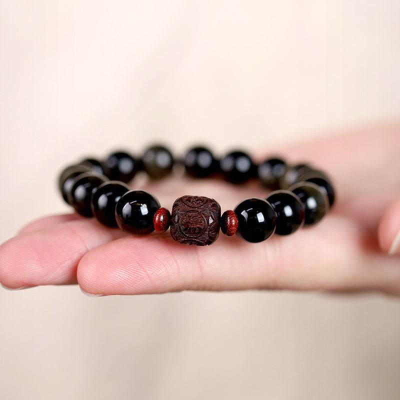 Bracelet de guérison en obsidienne arc-en-ciel avec Buddha Stones et reflets dorés naturels Om Mani Padme Hum Fu