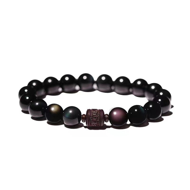 Bracelet de guérison en obsidienne arc-en-ciel avec Buddha Stones et reflets dorés naturels Om Mani Padme Hum Fu