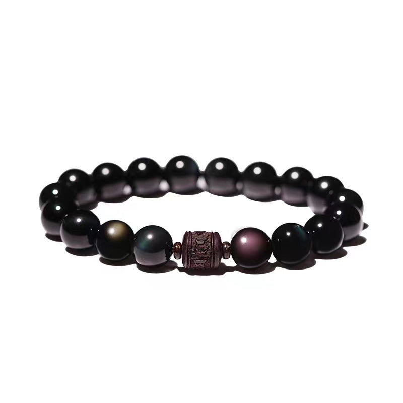 Bracelet de guérison en obsidienne arc-en-ciel avec Buddha Stones et reflets dorés naturels Om Mani Padme Hum Fu
