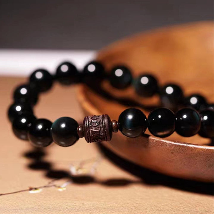 Bracelet de guérison en obsidienne arc-en-ciel avec Buddha Stones et reflets dorés naturels Om Mani Padme Hum Fu