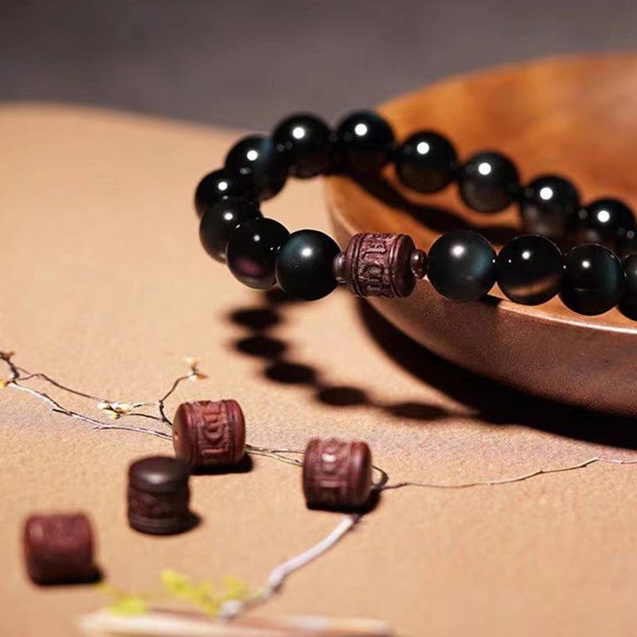 Bracelet de guérison en obsidienne arc-en-ciel avec Buddha Stones et reflets dorés naturels Om Mani Padme Hum Fu