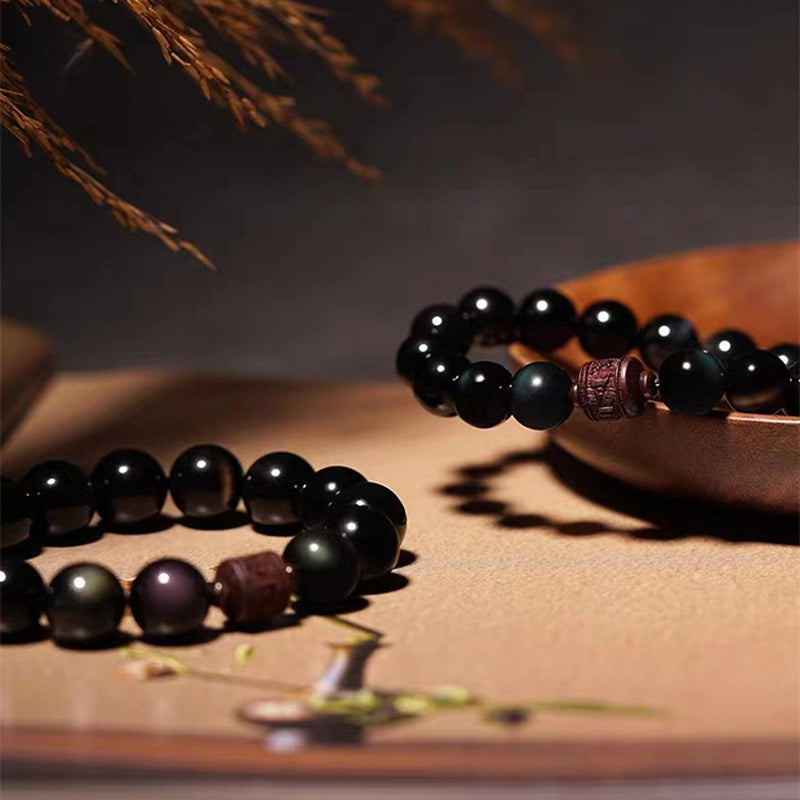 Bracelet de guérison en obsidienne arc-en-ciel avec Buddha Stones et reflets dorés naturels Om Mani Padme Hum Fu