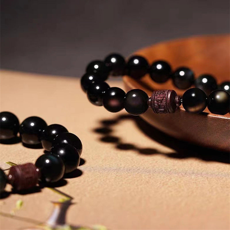 Bracelet de guérison en obsidienne arc-en-ciel avec Buddha Stones et reflets dorés naturels Om Mani Padme Hum Fu