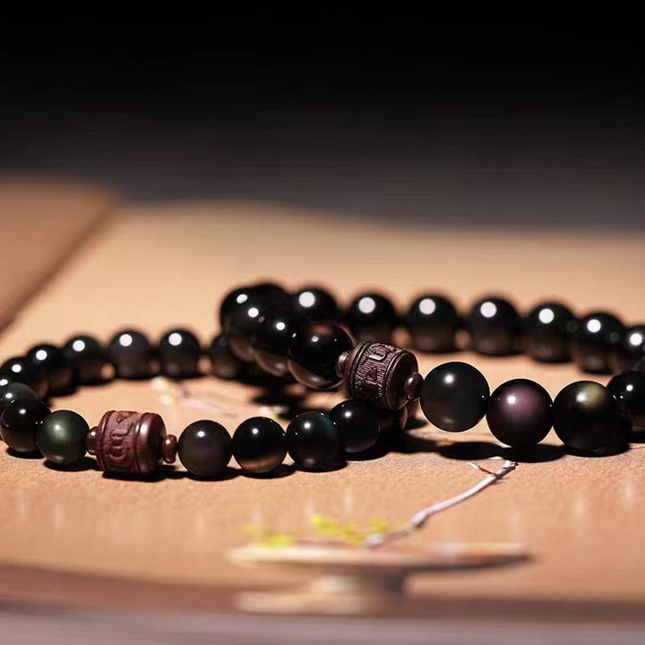 Bracelet de guérison en obsidienne arc-en-ciel avec Buddha Stones et reflets dorés naturels Om Mani Padme Hum Fu