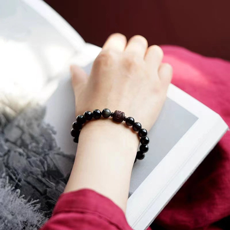 Bracelet de guérison en obsidienne arc-en-ciel avec Buddha Stones et reflets dorés naturels Om Mani Padme Hum Fu