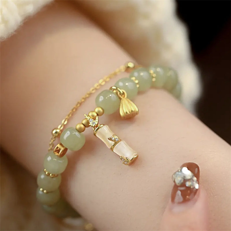 Bracelet à breloques en bambou et lotus en jade Hetian naturel avec Buddha Stones